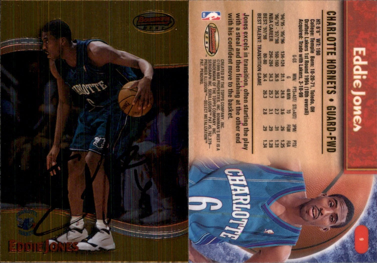 Eddie Jones Signed 1998-99 Bowman's Best #9 Card Charlotte Hornets Auto AU