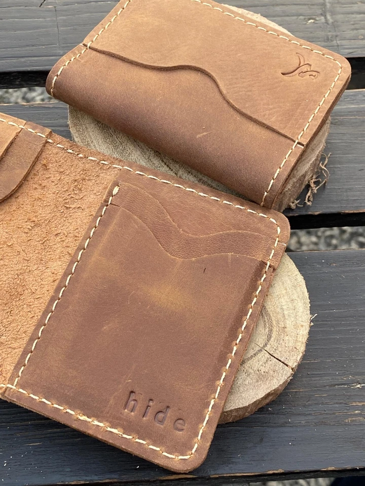 Minimalist Wallet Leather Bifold Wallet Hand Stitched Real Leather Vintage Tan - Image 1 of 3
