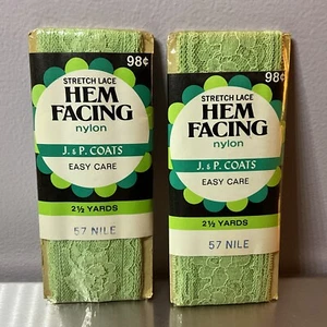 Set Of 2 J&P Coats Stretch Lace Hem Facing Nylon # 57 Nile Green 2 1/2 Yards - Picture 1 of 3
