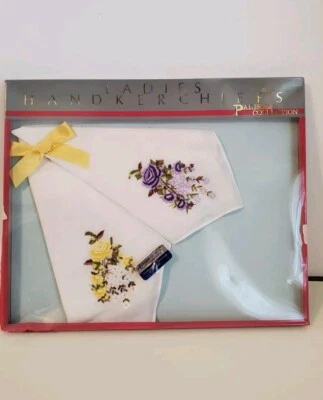 Vintage Paris Collection Cotton Flower Embroidered Handkerchiefs Set Of 2 In Box - Image 1 of 2