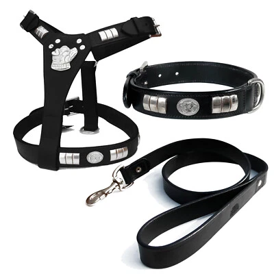  DOG LEATHER HARNESS (DOG MOTIFF)* COLLAR & LEATHER LEAD SET IN CHROME FITTINGS - Image 1 of 3