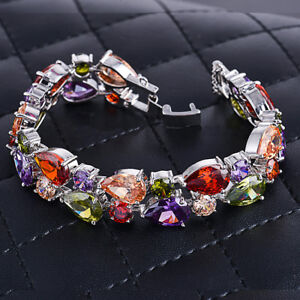 Silver Chain Mona Lisa Multi Color Morganite Topaz Gemstone Charm Women Bracelet