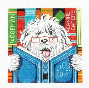 Adorable "Dog Tales" Sheepdog Reading 13m handpainted LG. Needlepoint Canvas LEE - Picture 1 of 1