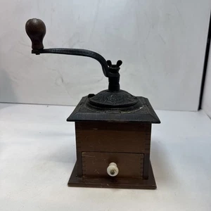 Antique Coffee Grinder Mill Dovetail Wood Cast Iron Square Drawer Primitive - Picture 1 of 5