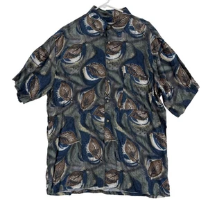 Vintage Pierre Cardin Shirt Mens Large Blue Leaf Print Rayon Button Up 90s - Picture 1 of 7