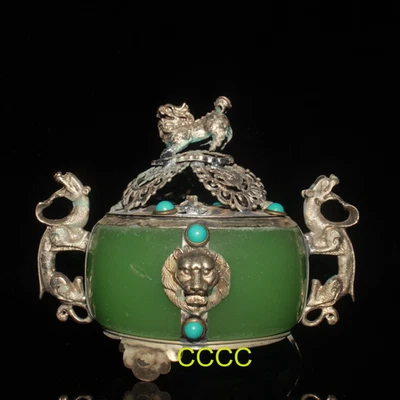 Quemador de incienso de león dragón jade verde con incrustaciones de cobre plateado único de China Foto 1 de 4