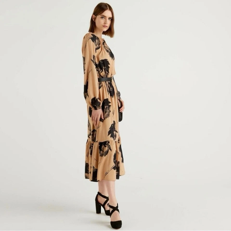 United цвета Benetton черный и желтовато-коричневый цветочный длинным рукавом миди платье размер большой - Изображение 1 из 4