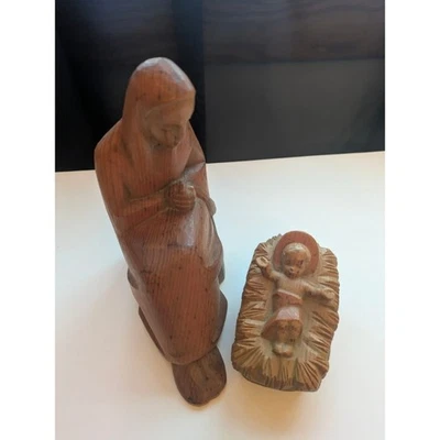 Belén de madera vintage y niño Jesús tallado a mano juego de 2 piezas Foto 1 de 4