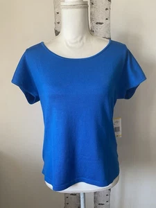 NEW Jones New York Shirt Top Silk Blend Short Sleeve Women's M Crew Neck Blue - Picture 1 of 9
