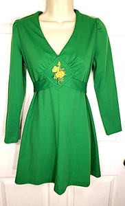 Vintage 70er Sweetheart Kleid Empire Tie Back tiefer Ausschnitt gelb rose knielang M - Bild 1 von 4