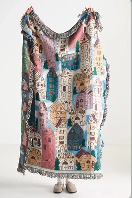 Anthropologie Willa Manta de Algodón Tejida Verde 54”x72”-Marfil Hecha en EE. UU. Foto 1 de 4