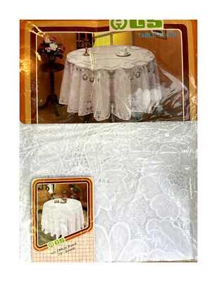 180 cm Ø Rund Weiß TISCHDECKE RUND SCHUTZDECKE BALKON GARTEN Blumenmotiv - Bild 1 von 4