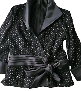 Veste femme Tadashi taille 12 noire paillettes satin revers nœud manches 3/4 soirée - Photo 1/16