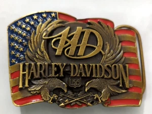 Vintage 1989 Harley Davidson Motorcycle Siskiyou Belt Buckle Eagles Flag Brass - Picture 1 of 9