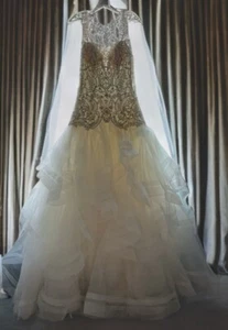 Allure Wedding Dress V-neck Lace Top Beaded With Button Down Back - Picture 1 of 5