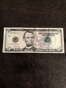 RARE $5 DOLLAR STAR NOTE SERIES 2017A FANCY SERIAL NUMBER PF 00755717 ⭐️ - Picture 1 of 4