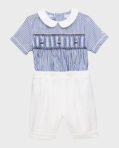 Ralph Lauren Baby Boy Nautical Linen Smocked Set - Blue 18M Outfit Classic - Foto 1 di 2