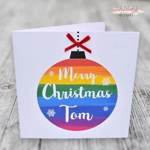 Personalised Christmas Card Rainbow Bauble Gay Pride LGBTQ Lesbian Friend - Picture 1 of 9