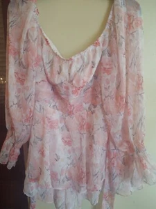 Women's Beautiful Pink Floral Blouse/ Bodysuit With Tie back Size L. - Picture 1 of 3