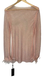 White Fox Boutique Crystal Mesh Feather Trim L/S Mini Dress Pink Size S/M Neu mit Etikett - Bild 1 von 8