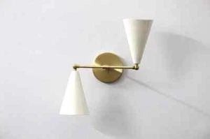 Mid Century Double Cone Shape Shinny White Shade with Raw Brass Finish - Italian - Picture 1 of 6