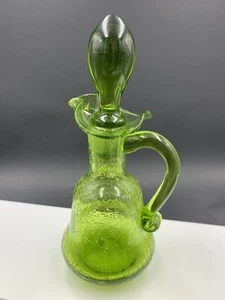 Vintage Blenko Green Crackle Glass Cruet with Applied Handle and Stopper - Picture 1 of 8