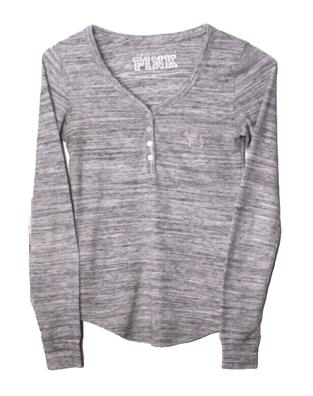 РОЗОВЫЙ HENLEY сна рубашка женщины размер XS светло-серый ребристый длинным рукавом серебряный логотип - Изображение 1 из 4