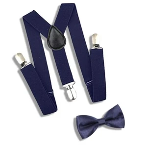 2PCS Kids Boys Elastic Suspenders and Bow Tie for Tuxedo - Navy Blue - Picture 1 of 2