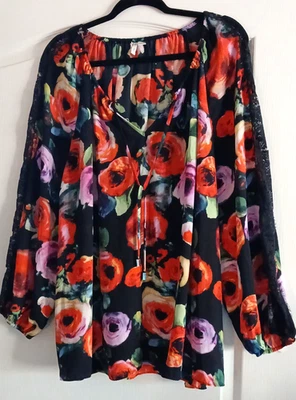 CATO 18/20 2X Corbatas Top Rojo Floral Cuentas Negro Encaje Mangas Largas Semi Transparente Foto 1 de 4