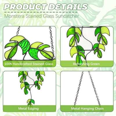 Ventana de vitral Monstera colgante planta verde atrapasol hecho a mano real Foto 1 de 4