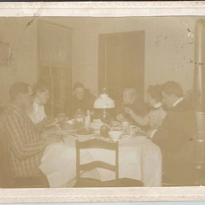 Vtg Christmas Supper at Home Cabinet Card Photo Family Dining Table Holiday Meal - Image 1 of 3