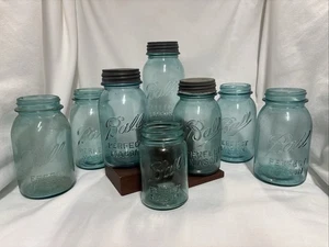 7 antike Kugelgläser blau Perfect Mason Quart, #0, #1, #2, #3, #7 & 1 Pint #10 - Bild 1 von 14