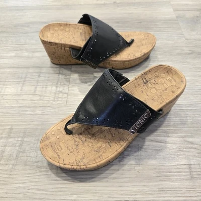Vionic Anitra Sandals Women 6 Black Leather Cork Wedge Hook & Loop Strap Comfort - Image 1 of 4