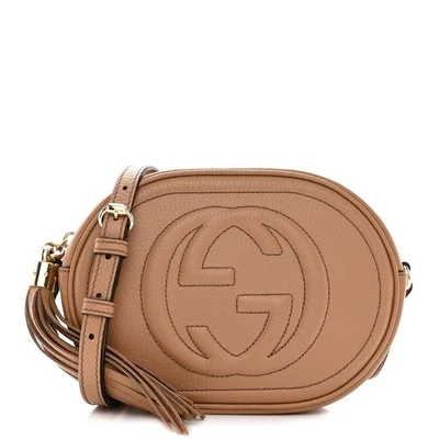 AUTHENTIC GUCCI Pebbled Calfskin Oval Soho Purse Crossbody Beige Camelia - Image 1 of 4