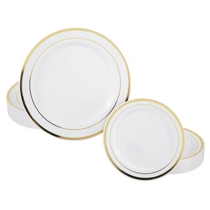 50-Piece Plastic Plates Disposable Set - White with Gold Rimmed Plastic Plate... - Picture 1 of 6