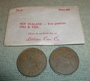 Vintage Littleton Envelope - 1952 & 1955 - 1 Penny coins - New Zealand - Picture 1 of 2