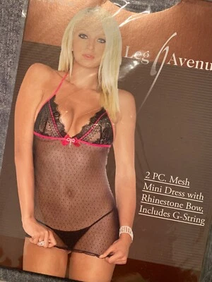 NUEVO SEXY CHEMISE de malla negra con lazo de diamantes de imitación y tanga-o/s - Foto 1 de 4