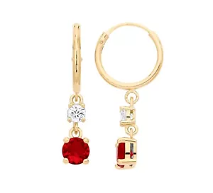 9ct Yellow Gold on Silver Ruby CZ Drop Hoop Sleeper Dropper Earrings - Picture 1 of 6