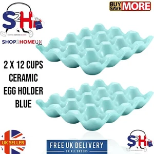 Eggs Holder Tray Blue Ceramic Dozen Eggs Crate Storage Case Organiser Container - Picture 1 of 8