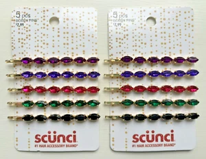 (2 LOT) SCUNCI Hair Gold Toned Bobby Pins 5-piece w/ multicolor rhinestones NEW - Picture 1 of 3