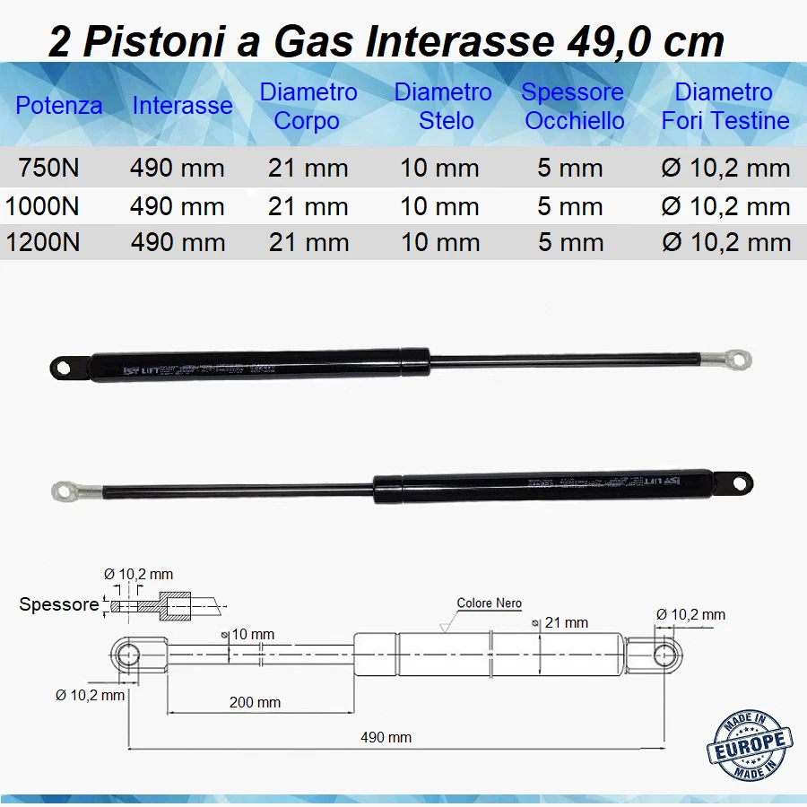 2 PISTONI A GAS MOLLA PER LETTO CONTENITORE RICAMBIO INTERASSE 490 mm Ø10,2 mm - Immagine 1 di 1