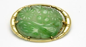 Authentic Vintage Cartier 14K Yellow Gold Carved Natural Green Jade Brooch Pin - Picture 1 of 8