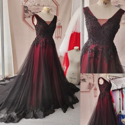 Vintage Gothic Wedding Dress A Line Beaded Red and Black Sleeveless Bridal Gown - Image 1 of 4
