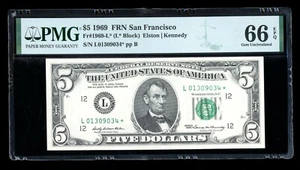 DBR 1969 $5 FRN San Francisco STAR Gem Fr. 1969-L* PMG 66 EPQ Serial L01309034* - Picture 1 of 2