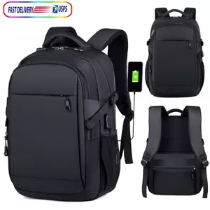 Black Laptop Nylon Backpack Sports Travel Fashion BookBag With USB Charging Port - Picture 1 of 13