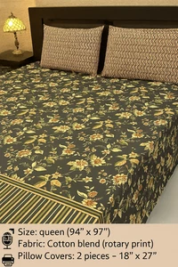 Charcoal Floral Print Bedsheet with Matching Pillow Covers - Picture 1 of 3