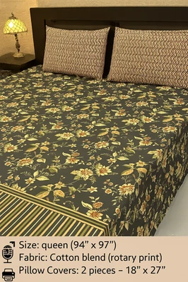 Charcoal Floral Print Bedsheet with Matching Pillow Covers - Image 1 of 3