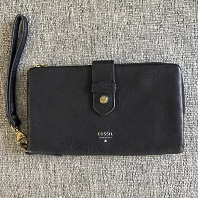 复古 Fossil 黑色卵石纹皮革折叠钱包手拿包/腕带 — 第 1/4 张图片