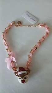 Collana Betsey Johnson fiocco renna ciondolo corto edizione rosa Rudolph ammiccante - Foto 1 di 6