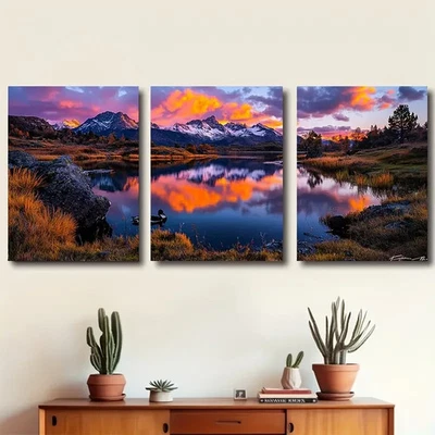 3pcs Mountain Lake Dawn Reflection Wall Art Canvas Unframed/Framed - Image 1 of 4